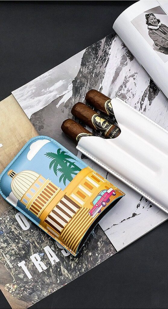 Illustrated Top-Grain Leather 3-Cigar Travel Case — primary product image